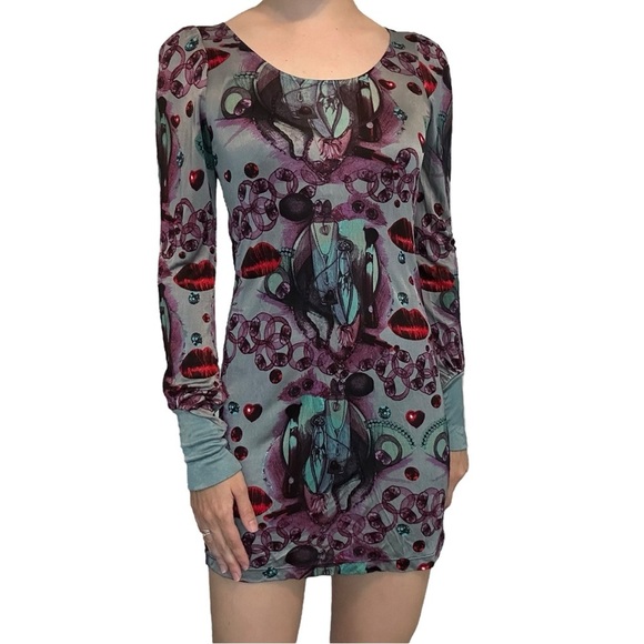 Custo Barcelona Long Sleeve Mini Dress Bodycon Graphic Y2K Size 1 Extra Small - Picture 1 of 7